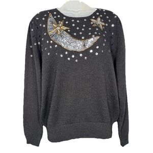 Ann Wi Vintage 80s Celestial Crescent Moon Sequin Moon Star Sweater Womens M‎